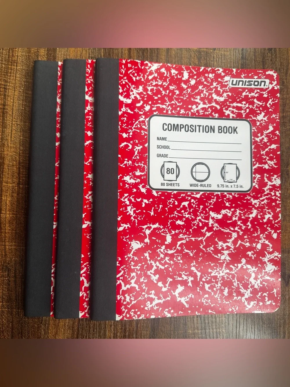 Unison Red Marble Composition Notebook (Lot of 3)Wide Ruled 80 Sheets New